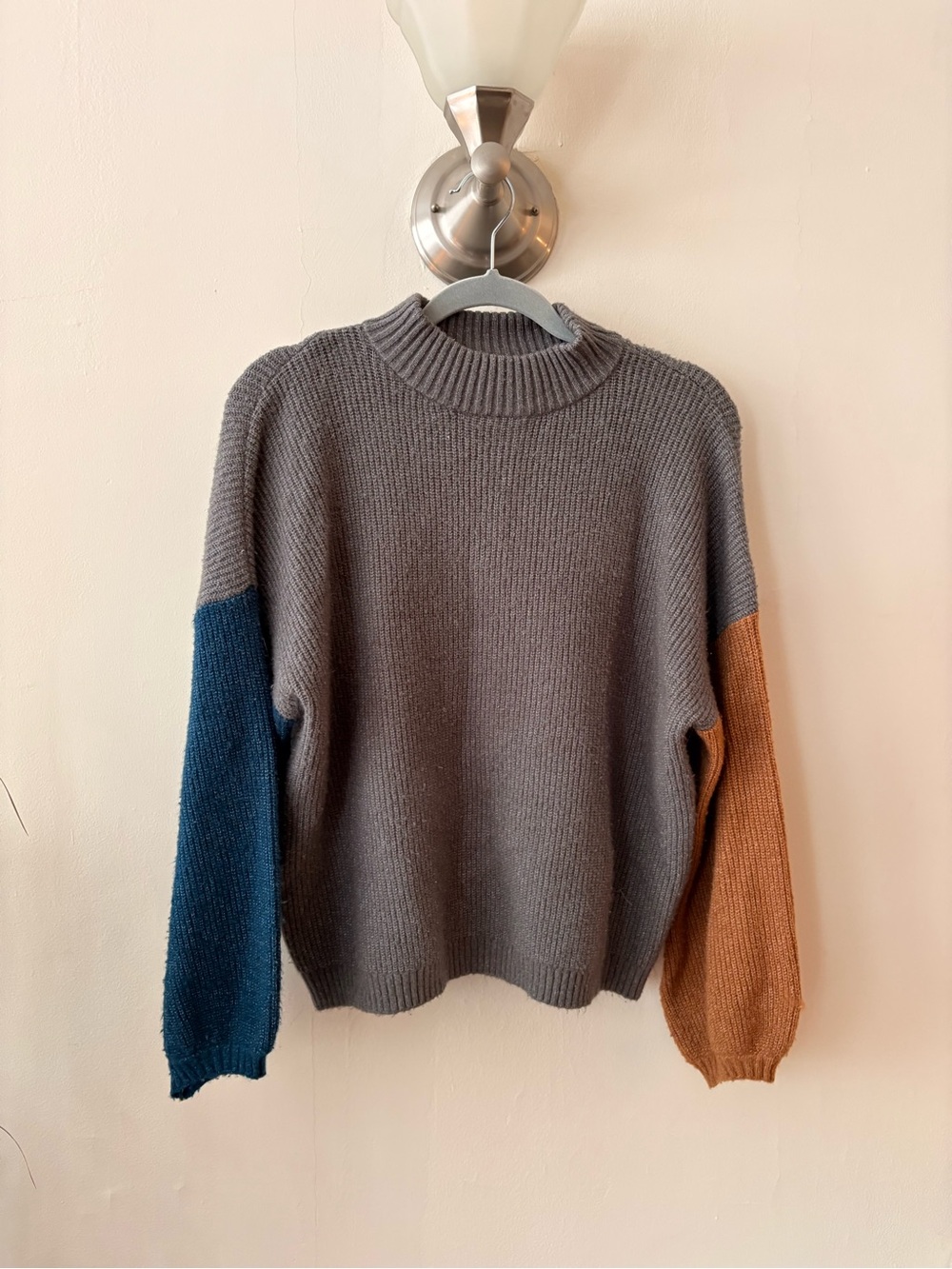 Brixton Gray Crewneck Sweater with Blue & Brown Sleeves